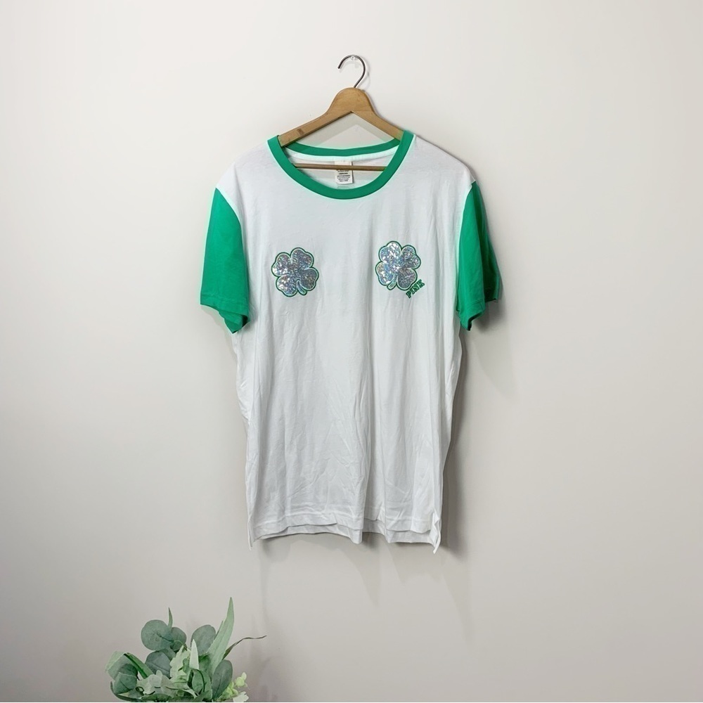 [PINK Victoria's Secret] White & Green Shamrock Sequin Irish Graphic T-shirt